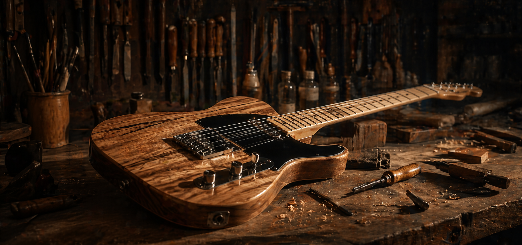 Guitarra artesanal en el banco de trabajo del taller de Instrumentos-T.
